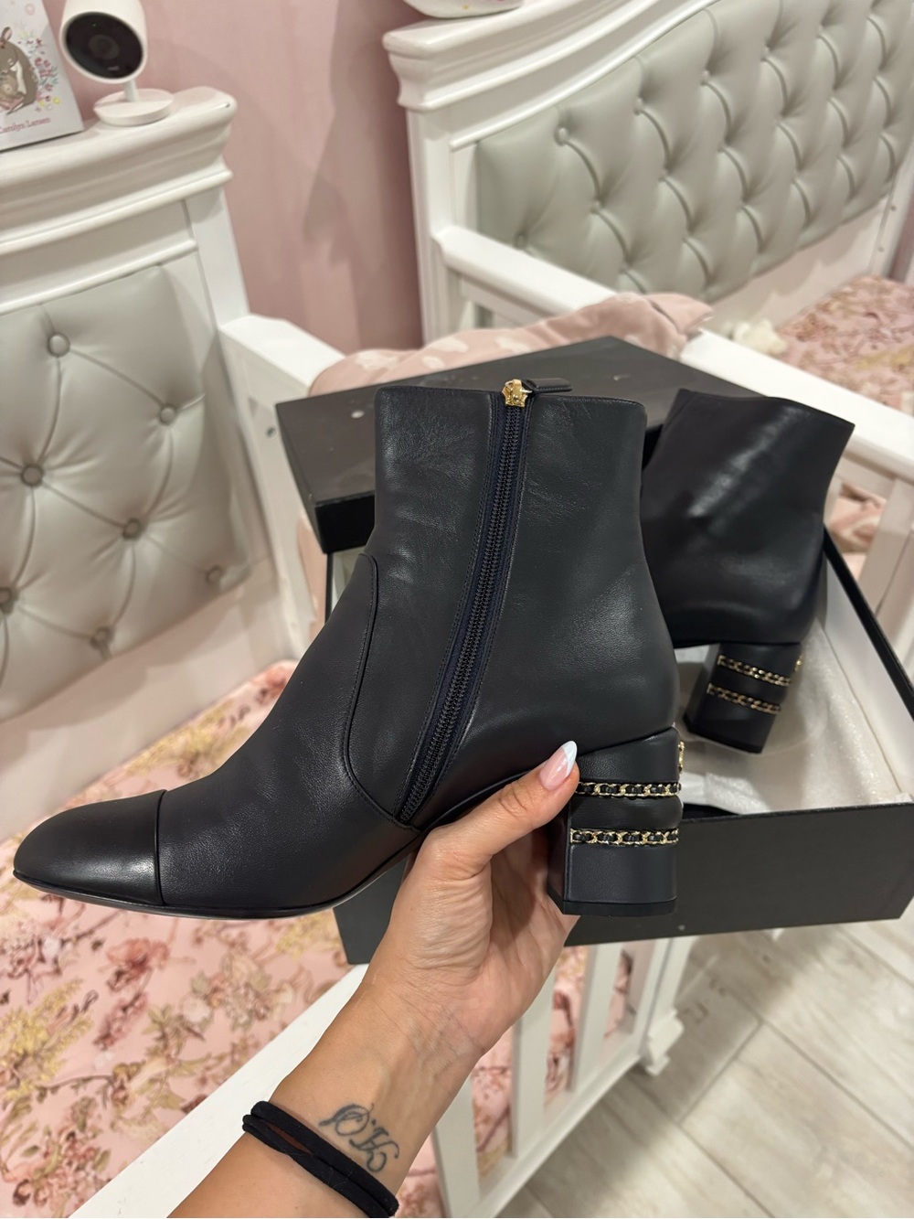 Women’s Chanel Black Leather Chain-Trim Ankle Boots